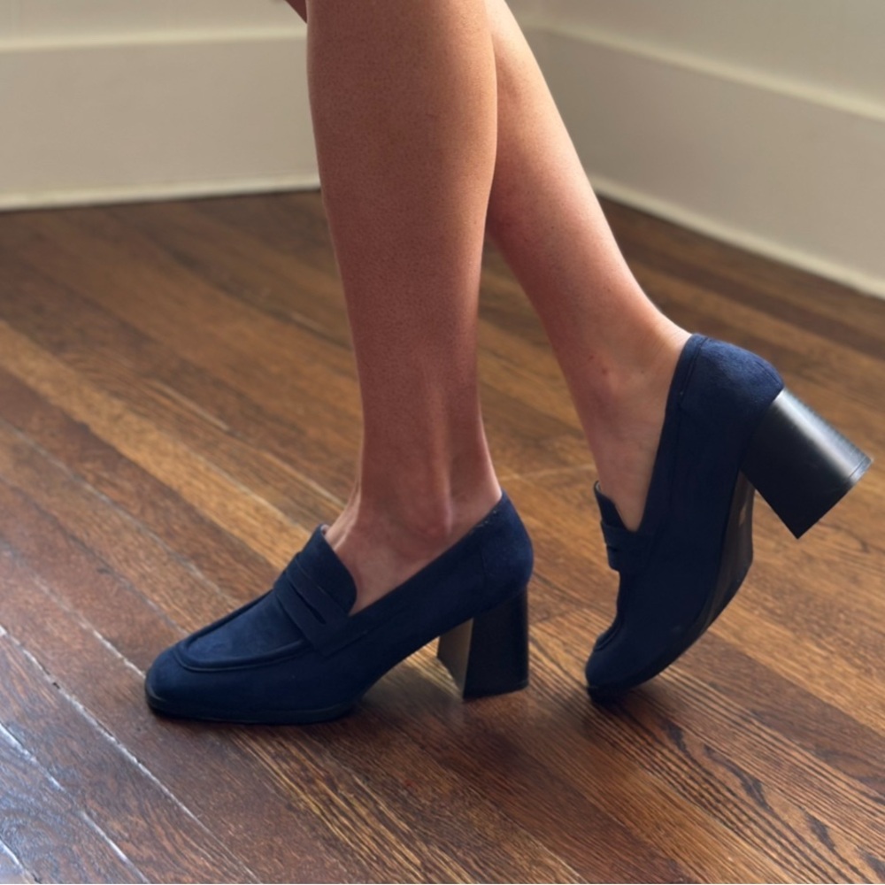 Navy Block Heel Loafers